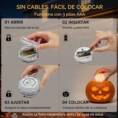 Vista 6 de Luces LED de calabaza con control remoto, 16 colores, 4 modos, funciona con pilas, luces sumergibles que cambian de color, para Halloween, calabaza