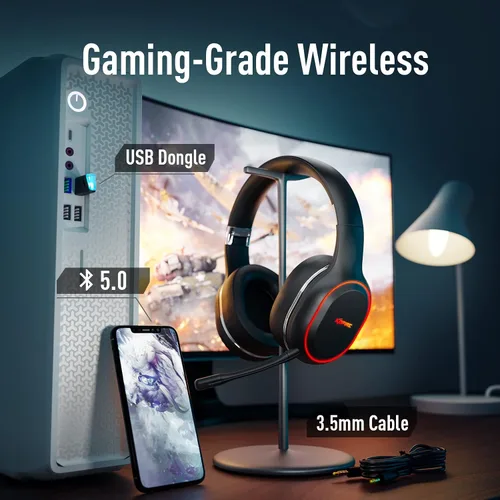 Vista 4 de Auriculares inalámbricos para juegos con micrófono para PS4 PS5 PC auriculares USB Bluetooth de 24 GHz con sonido de vibración de latencia ultra