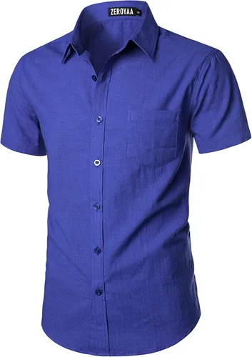 Vista 2 de ZEROYAA Camisas de lino y algodón ajustadas para hombre, de manga corta, con botones, ligeras, para la playa, con bolsillo