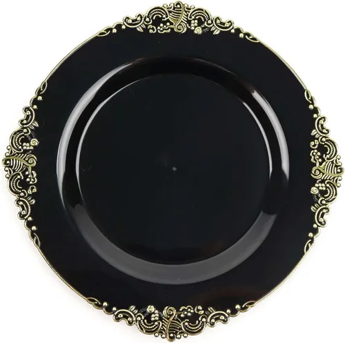 Vista 7 de Efavormart - Paquete de 10 platos de postre barrocos negros y dorados de 8 pulgadas, platos de aperitivo resistentes con borde metálico en relieve