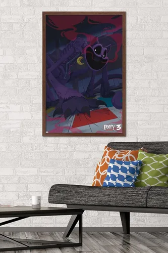 Vista 2 de Poppy Playtime: Capítulo 3 - Póster de pared CatNap, 34 pulgadas de largo x 22.4 pulgadas de ancho, versión enmarcada de caoba