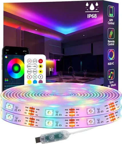 Vista 7 de Tira de luces LED Ws2812 RGB+IC de 16.4 pies IP68 impermeable para exteriores, alimentación por USB de 5 V, sincronización de música, Bluetooth