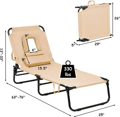 Vista 3 de Sillón plegable de playa con 5 respaldos ajustables y almohada acolchada, tumbona para tomar el sol, silla plana de bronceado para cubierta de Beige