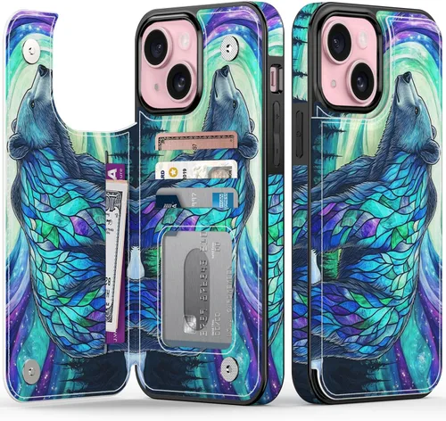 Vista 25 de FUNMIKO Funda tipo cartera para iPhone 13 con tarjetero, bloqueo RFID, protección de grado militar y obras de arte impresas con rayos UV, cierre