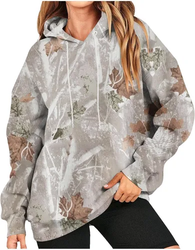 Vista 2 de Sudadera con capucha de camuflaje para mujer, con estampado de hojas de arce, sudadera de forro polar con capucha con bolsillo, suéteres clásicos