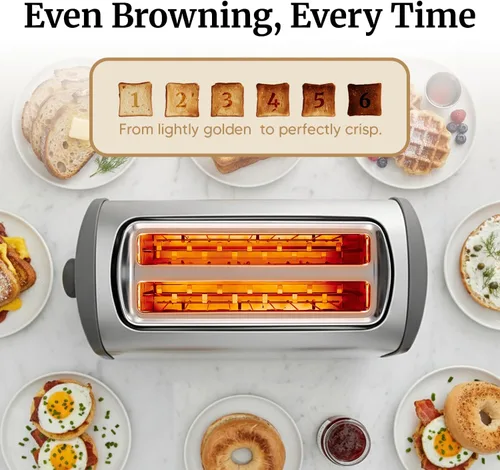 Vista 4 de Nuevo Elite Gourmet ECT4200D Tostador Digital de Ranura Larga de 4 Rebanadas, Pantalla Táctil, 6 Tonos de Tostado, Funciones de Descongelar