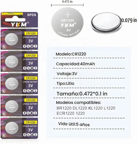 Vista 2 de Paquete de 5 pilas de litio CR1220 de 3 V con pilas de botón de larga