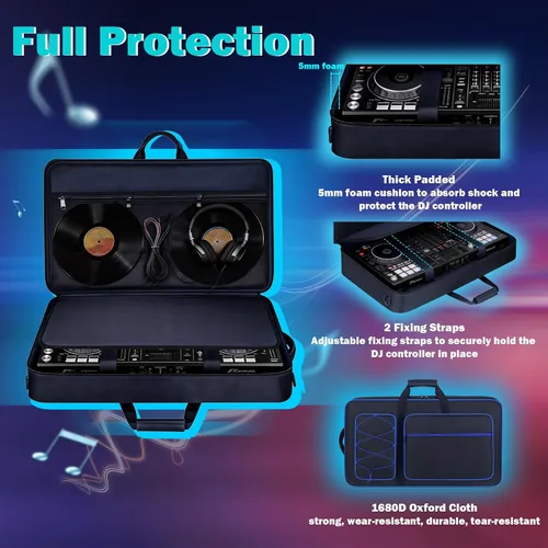 Vista 3 de Funda para controlador de DJ compatible con DDJ-FLX10/ 1000/ 1000SRT/ DDJ-GRV6/REV5/REV7, bolsa acolchada con correa ajustable para el hombro Azul