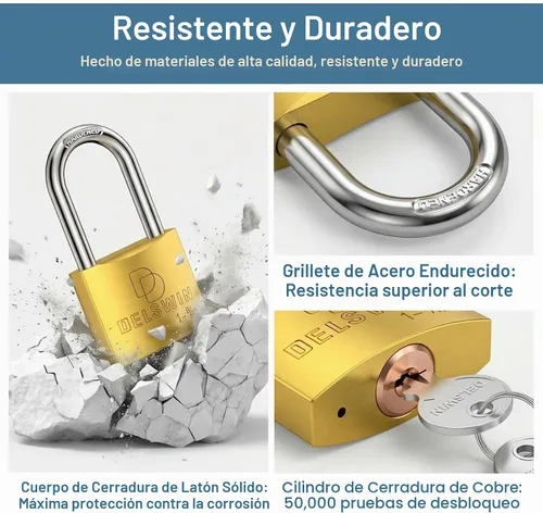 Vista 4 de DELSWIN Candado resistente a la intemperie con llave - Cerradura de casillero de latón macizo resistente con grillete largo de 1-9/16", candado
