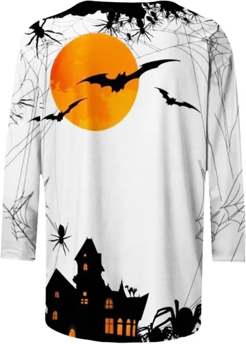 Vista 5 de Camisetas para mujer 2023 verano moda estampado calabaza manga 34 tops cuello redondo Halloween talla grande camiseta otoño tops