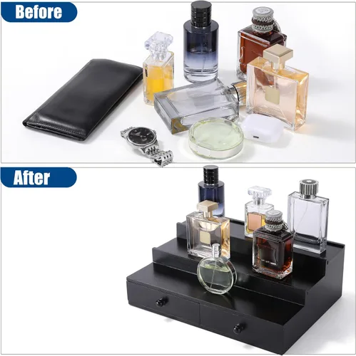Vista 6 de Organizador de colonia Boulphia para hombre, soporte de colonia de 3 niveles con cajón y compartimento oculto, estante de madera para exhibidor