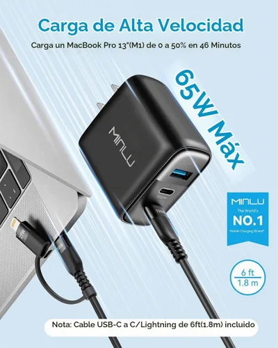 Vista 2 de MINLU GaN - Bloque de cargador USB C de 65 W, cargador de pared compacto de 3 puertos tipo C con cable USB-C/L 2 en 1 de 6 pies, 100 W, carga rápida