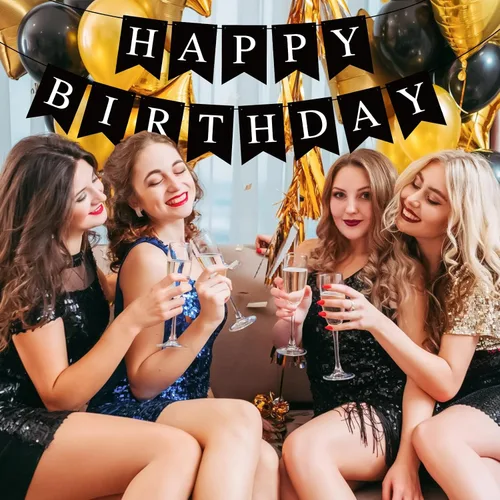 Vista 8 de Pancarta Negra de Feliz Cumpleaños Letrero Banderín Guirnalda de Feliz Cumpleaños para Niños Niña Mujer Cumpleaños Decoraciones de Fiesta de Té