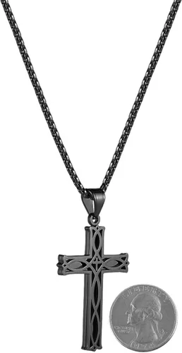 Vista 4 de HZMAN Collar con colgante de cruz celta infinita para hombre, de acero inoxidable, con nudo irlandés, cadena de eslabones de 22 + 2 pulgadas, Acero