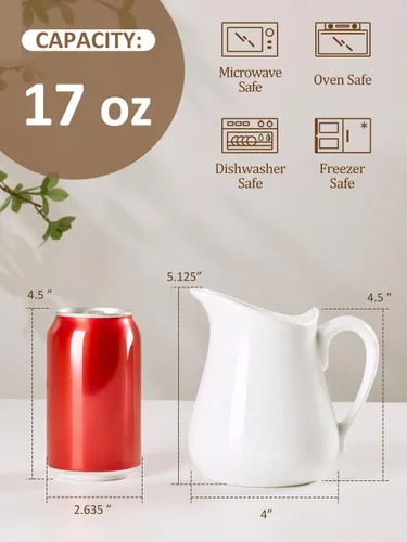 Vista 2 de Jarra de crema de leche de porcelana de 17 onzas con asa, crema blanca, apta para microondas y congelador
