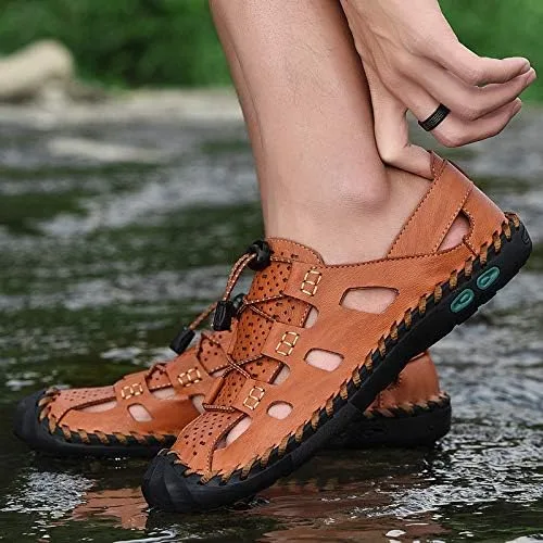 Vista 7 de DZUJY Sandalias Hombre Pantuflas para hombres Chanclas para hombre Zapatos de verano con punta cerrada de cuero transpirable al aire libre Zapatos