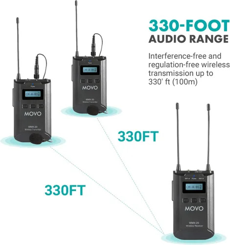 Vista 6 de Movo WMX-20-DUO Sistema de micrófono inalámbrico UHF de 48 canales con 1 receptor, 2 transmisores y 2 micrófonos de solapa compatible con cámaras