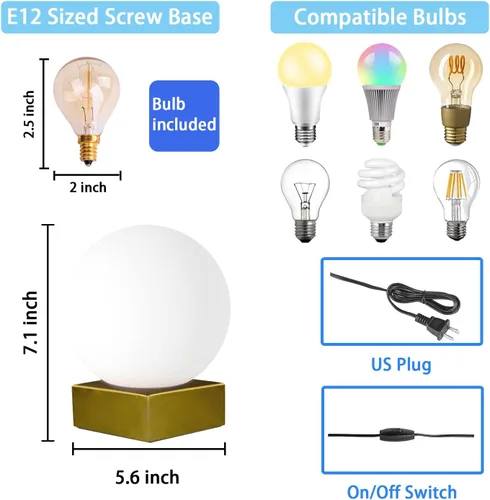 Vista 2 de FLORNIA Lámpara de mesa con forma de globo, moderna lámpara de mesa redonda industrial, lámpara de mesa de noche única con pantalla de vidrio y base