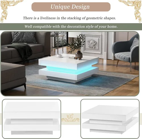 Vista 5 de Mesa de centro cuadrada, moderna mesa de centro blanca de alto brillo con luces LED de 16 colores enchufables, mesa central de 2 niveles para sala
