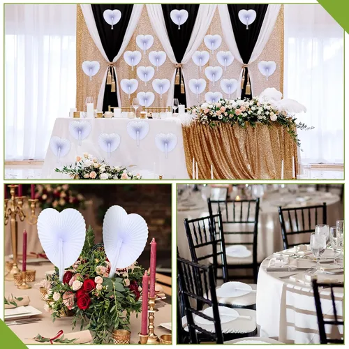 Vista 6 de Yulejo Paquete de 100 abanicos de papel plegables de boda a granel con forma de corazón blanco plegable personalizado con asas de plástico
