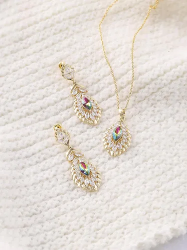 Vista 4 de Colgante ovalado de cristal, collares y pendientes, conjuntos de joyas para mujer chapado en oro
