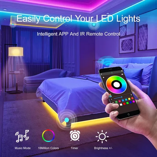 Vista 6 de Luces LED de 100 pies para dormitorio, con control remoto infrarrojo de 44 teclas y aplicación Bluetooth, tiras de luces LED inteligentes, tira
