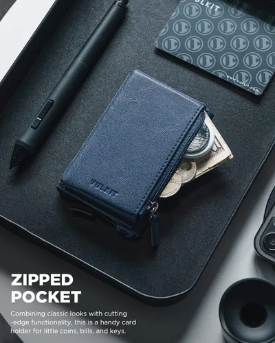 Vista 3 de VULKIT Tarjetero de crédito con bolsillo de cuero con cremallera desplegable con bloqueo RFID, funda de metal delgada, marino