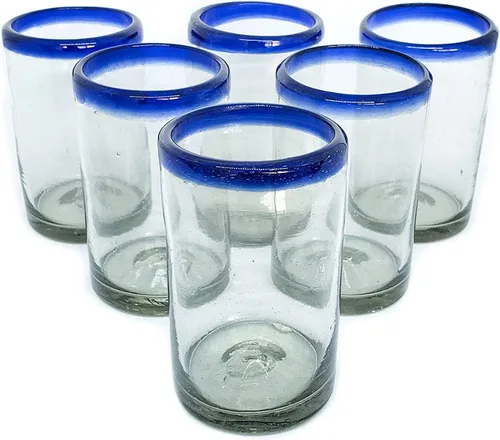 Vista 14 de Vasos de 10 onzas con borde azul cobalto (juego de 6), vidrio reciclado, sin plomo, sin toxinas (Tumbler)