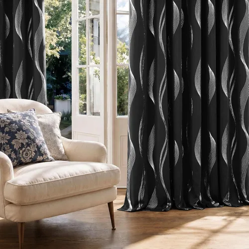 Vista 2 de Deconovo Paneles de cortina opacas con patrón de ondas plateadas, cortinas para sala de estar, ojales blancos, juego de 2 paneles, 52 pulgadas