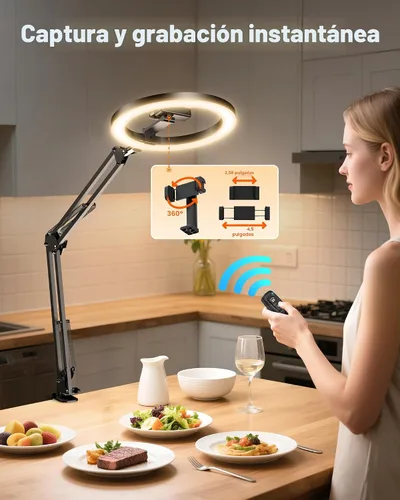 Vista 5 de Soporte de Montaje de Teléfono con Cámara Aérea y Anillo de Luz Mejorado para Escritorio, Evershop Luz para Selfie de 10" con Trípode para iPhone