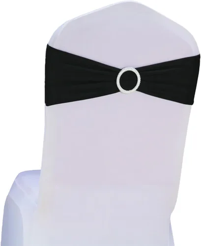 Vista 9 de Paquete de 50 bandas negras de elastano para sillas de boda, lazos con hebillas para fiestas, cumpleaños, fiestas, banquetes de jubilación