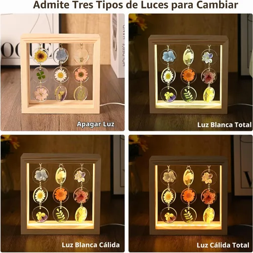 Vista 6 de SMUK Lámpara de mesa LED de flores secas, hecha a mano, estética, de 3 vías, regulable, decorativa, con marco de madera, para dormitorio, sala
