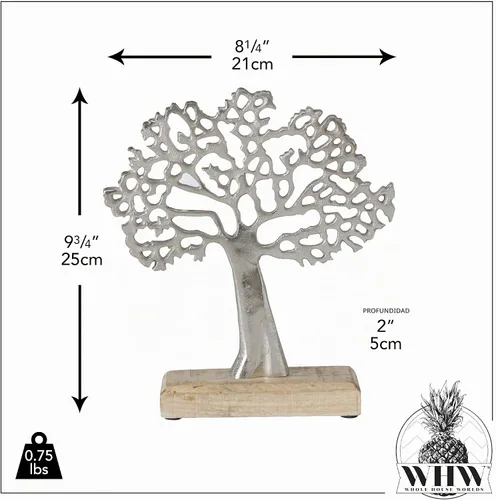 Vista 3 de WHW Whole House Worlds Figura icónica del árbol de la vida, hecha a mano, aluminio plateado, base de madera de mango, 9.75 pulgadas