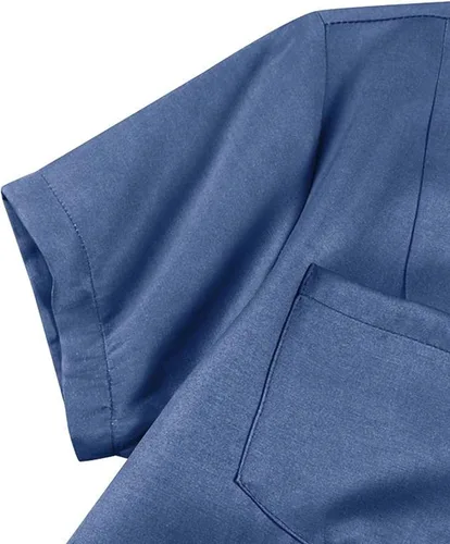 Vista 3 de GIFZES Vestido de mezclilla acampanado elegante con dobladillo con volantes, bolsillo de parche, cintura alta, manga corta, perfecto para ocasiones