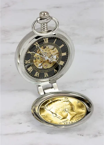 Vista 3 de Reloj de bolsillo con moneda con movimiento de cuarzo esqueleto Oro en capas JFK Bicentennial Half Dollar Moneda de EE.UU. genuina Segunda mano