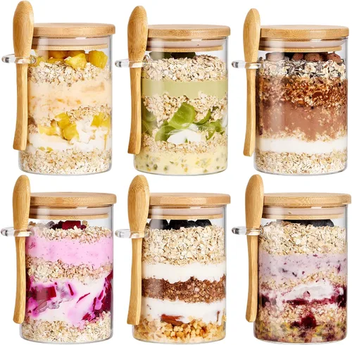 Vista 10 de Paquete de 4 recipientes de avena nocturna con tapas y cucharas de bambú - Tarros de vidrio herméticos de 22 onzas con tapa, tarros de preparación