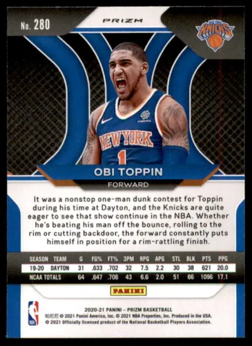 Vista 2 de Obi Toppin Rookie Card 2020-21 Panini Prizm Prizms Pink Ice #280