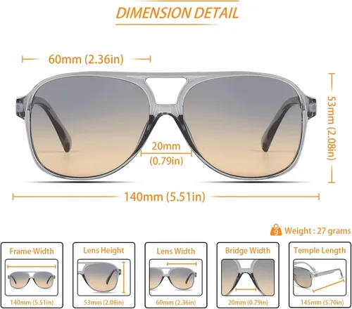 Vista 3 de Lentes de sol vintage retro de los años 70 para mujer y hombre, montura clásica, cuadrada y grande estilo aviador, lentes naranjas de moda UV400