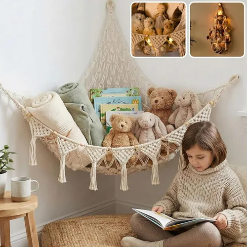 Vista 12 de TIDYTEDS Macramé DreamLights Hamaca de Red de Almacenamiento de Animales de Peluche Boho Extra Grande Soporte de Almacenamiento de Juguetes de Azul
