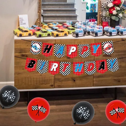 Vista 5 de Sursurprise Suministros para fiesta de 2º cumpleaños de coche de carreras, dos globos rápidos, decoración de pastel, pancarta de feliz cumpleaños