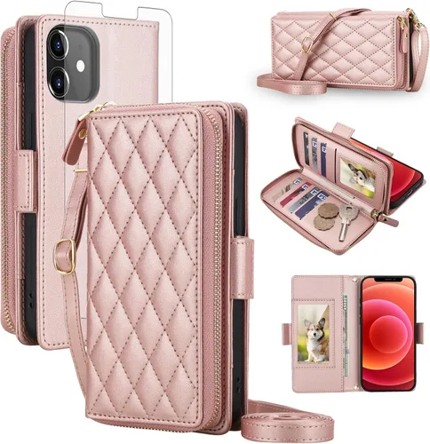 Vista 80 de Asuwish Funda compatible con iPhone 6/6s/7/8/SE 2020 2022 con cremallera y bloqueo RFID, protector de pantalla, correa cruzada i6 i7 i8 7s 8s SE2020