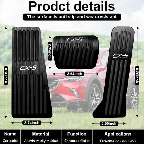 Vista 3 de BOYUER Juego de 3 almohadillas antideslizantes para pedal de acelerador de gas de freno de aluminio sin perforaciones para Mazda CX-5 2013-2025 Negro