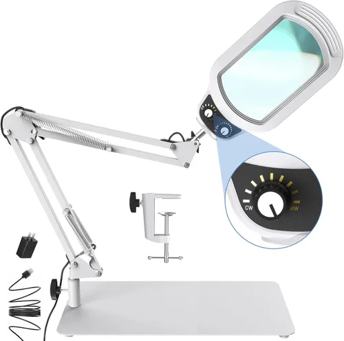 Vista 9 de Lupa rectangular 10X con luz y soporte, lupa iluminada de cristal real, manos libres, perilla mecánica, 5 modos de color, regulable sin escalones