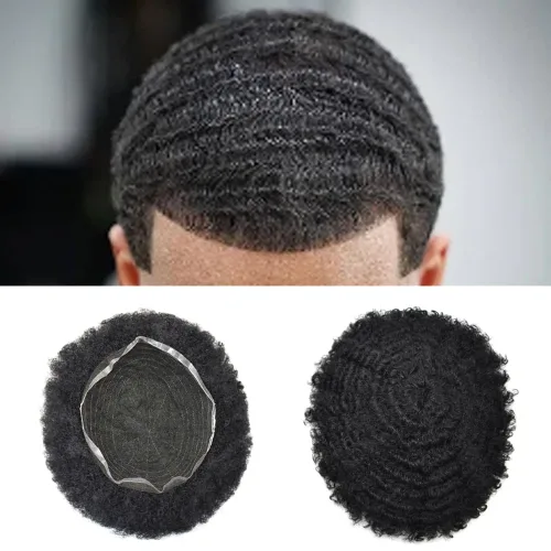 Vista 39 de Peluca de encaje suizo rizado afro para hombre, sistema de repuesto de peluca de encaje completo, extensiones duraderas de cabello humano #1 Negro
