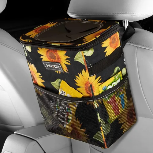 Vista 12 de HOTOR - Organizador de auto con tapa y bolsillos de almacenamiento, 100 % a prueba de fugas, resistente al agua, cubo de basura para autos Negro