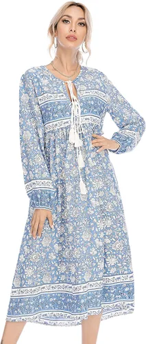 Vista 4 de R.Vivimos - Vestidos por debajo de la rodilla de estilo bohemio para mujer, vestido de manga larga, con estampado floral retro y cuello en V