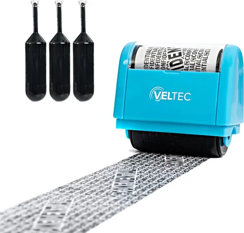 Vista 10 de Veltec Rodillo de tinta protector de identificación - Juego de sellos de rodillo de protección contra robo de identidad (negro, sello + 3 recambios)