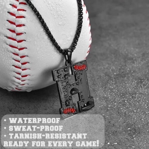 Vista 3 de Ldurian Collar personalizado con nombre de béisbol, cadena negra de acero inoxidable, collar con nombre deportivo, letra A-Z de 24 pulgadas, regalos