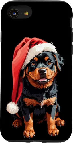 Vista 13 de iPhone 15 Divertido Rottweiler Navidad lindo cachorro con sombrero de Navidad caso