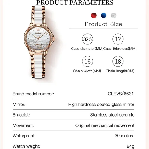 Vista 6 de OLEVS Relojes de oro rosa para mujer, relojes automáticos con pulsera de cerámica de acero inoxidable de dos tonos, relojes de cuerda automática